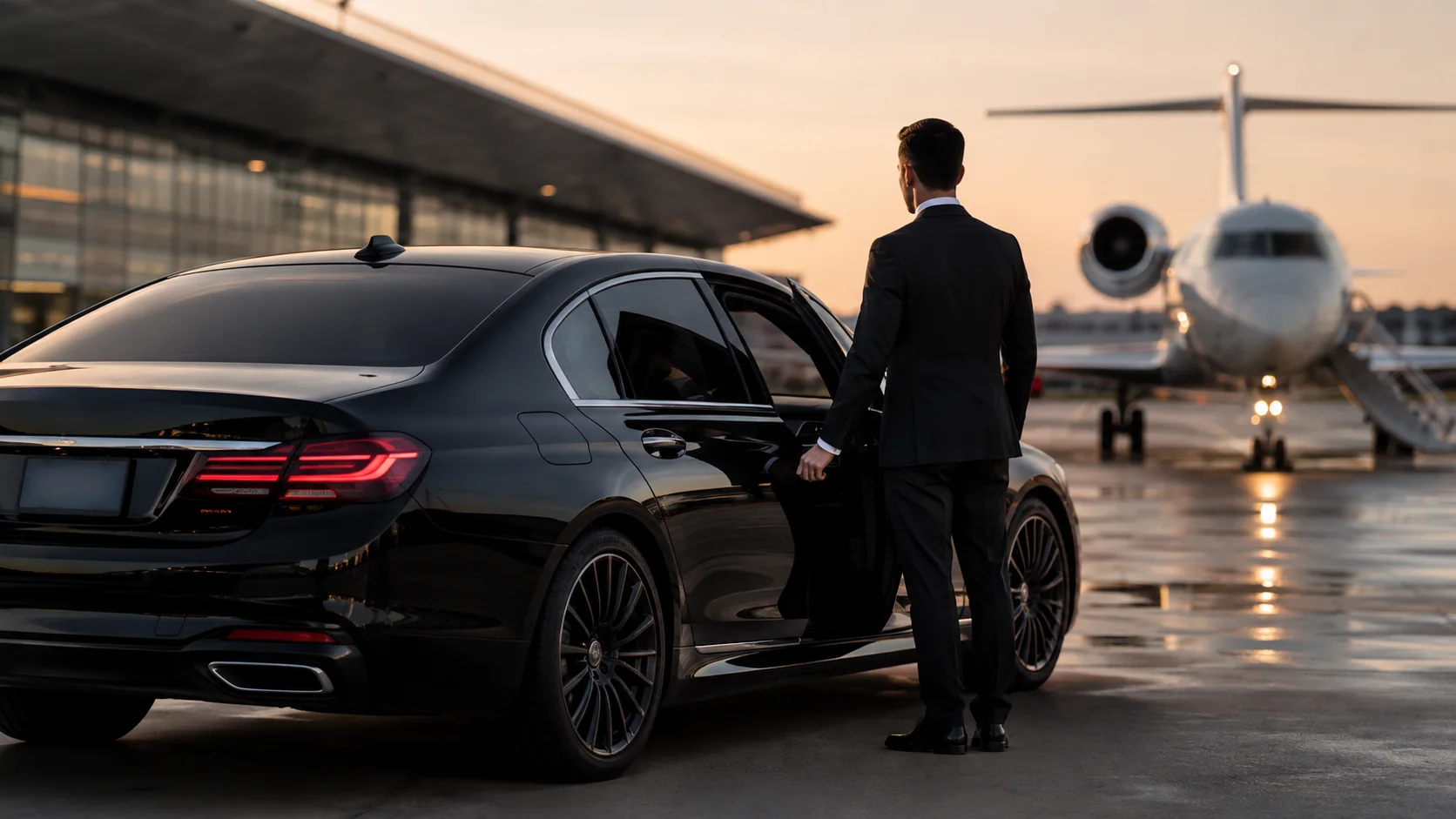 Professional chauffeur beside a luxury car at an airport