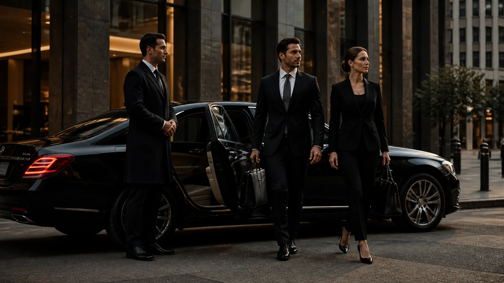 Executives arriving for a business roadshow by chauffeur-driven car