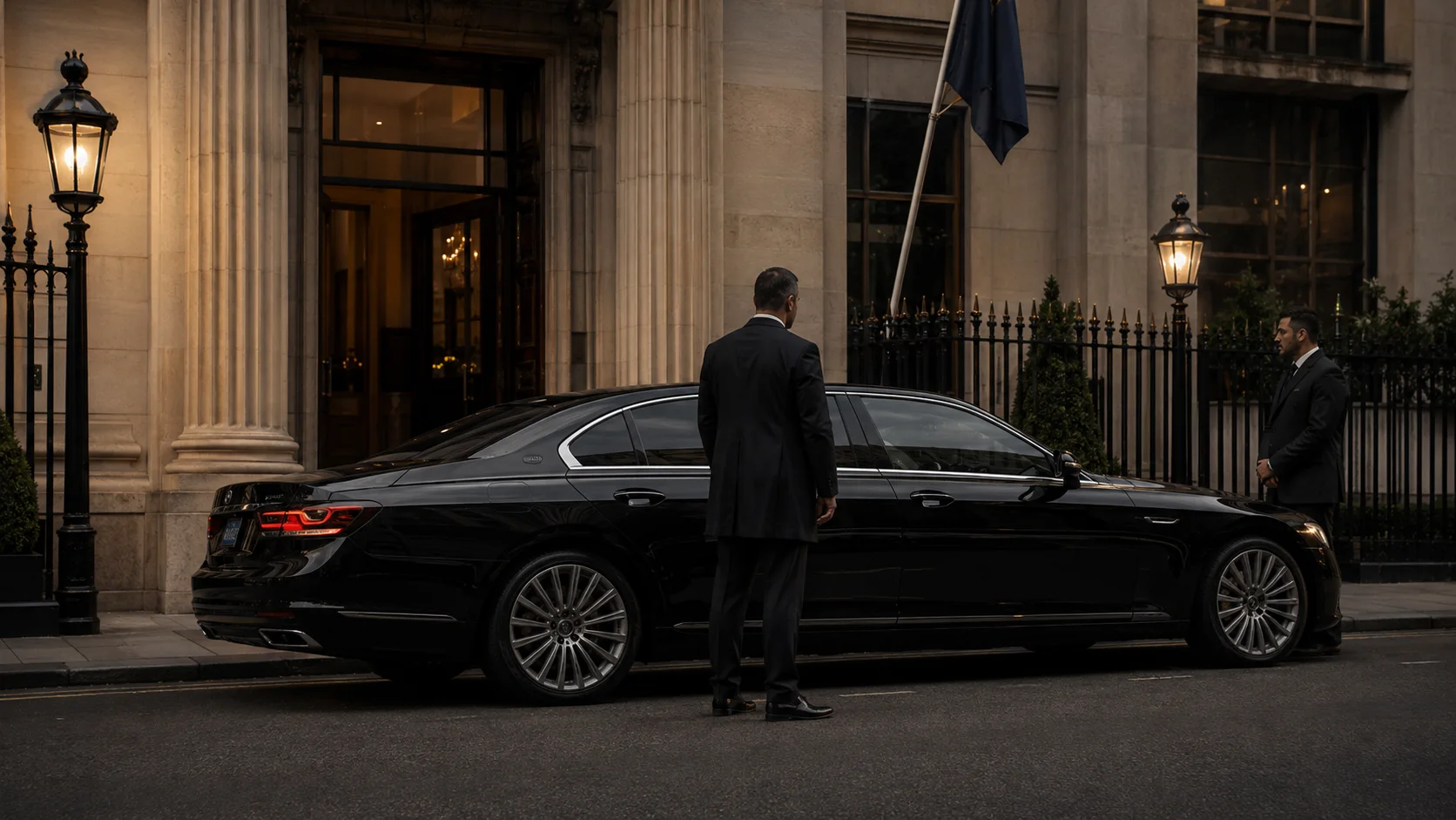 Diplomatic chauffeur arrival outside an elegant London building