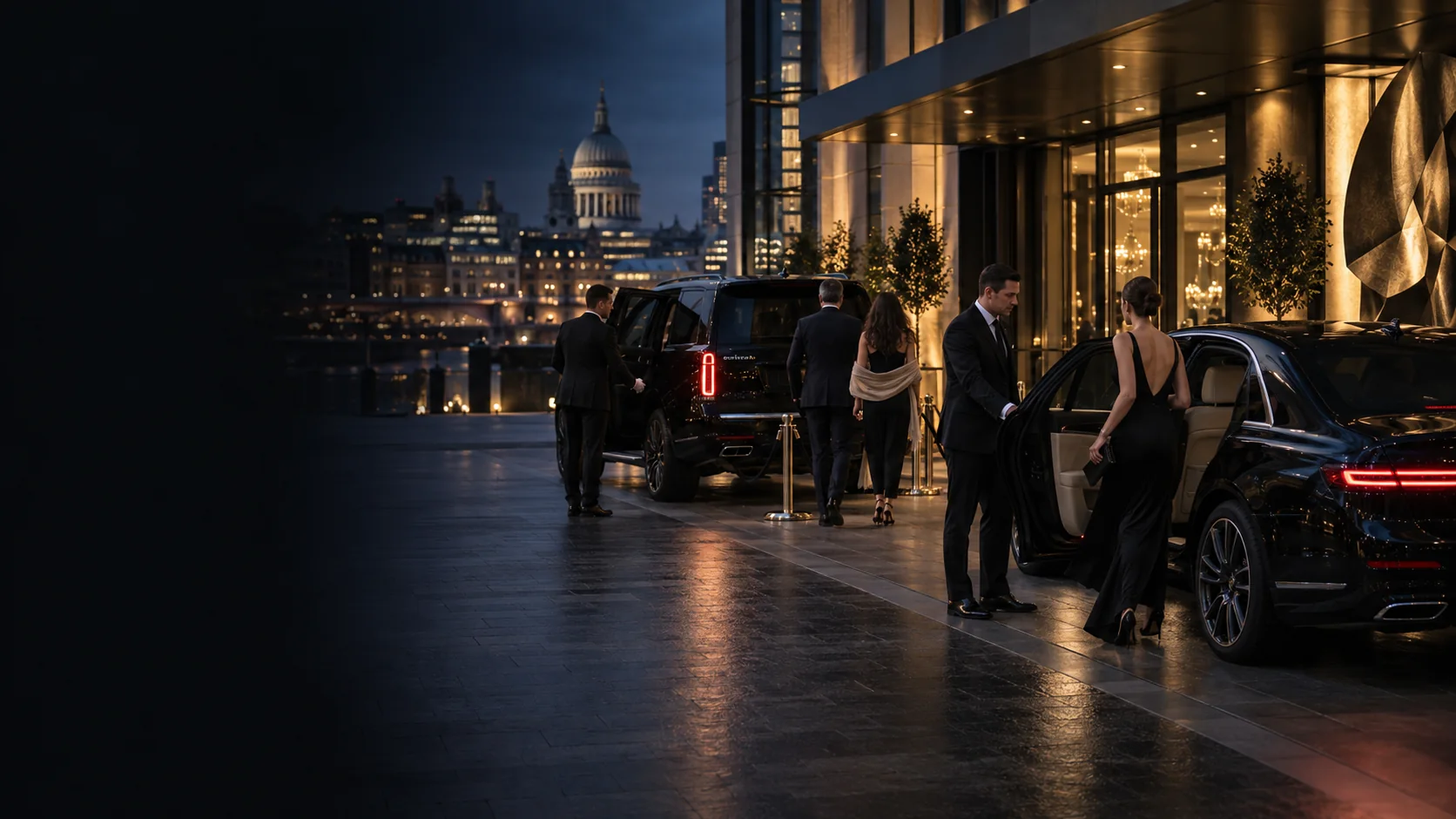 Professional chauffeurs coordinating VIP arrivals at an exclusive London event