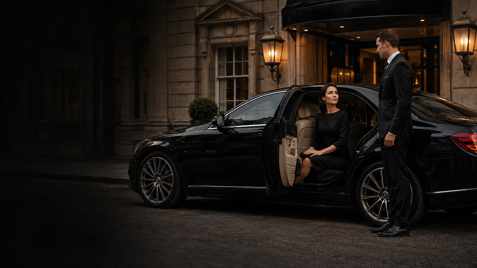Professional Falcon chauffeur welcoming a passenger outside a London hotel