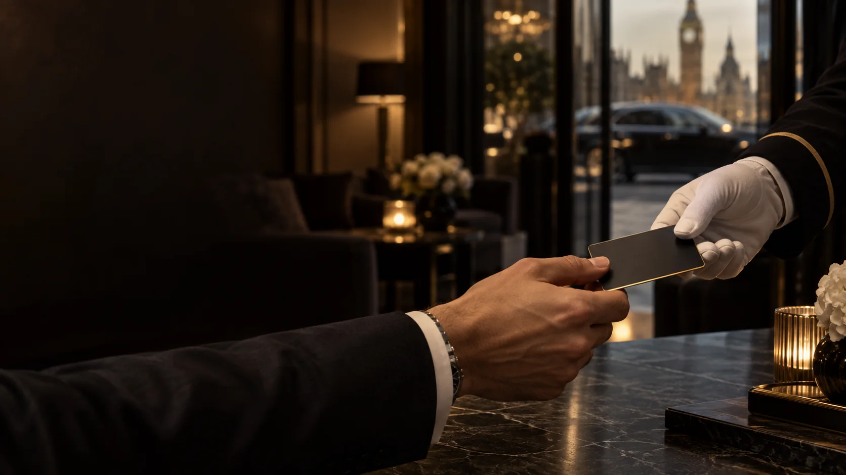 A private membership card presented in an elegant London hotel lounge