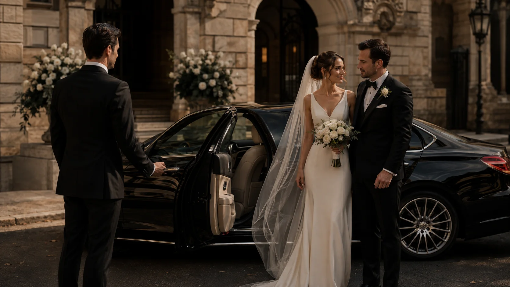 Bride and groom beside a chauffeur-driven wedding car